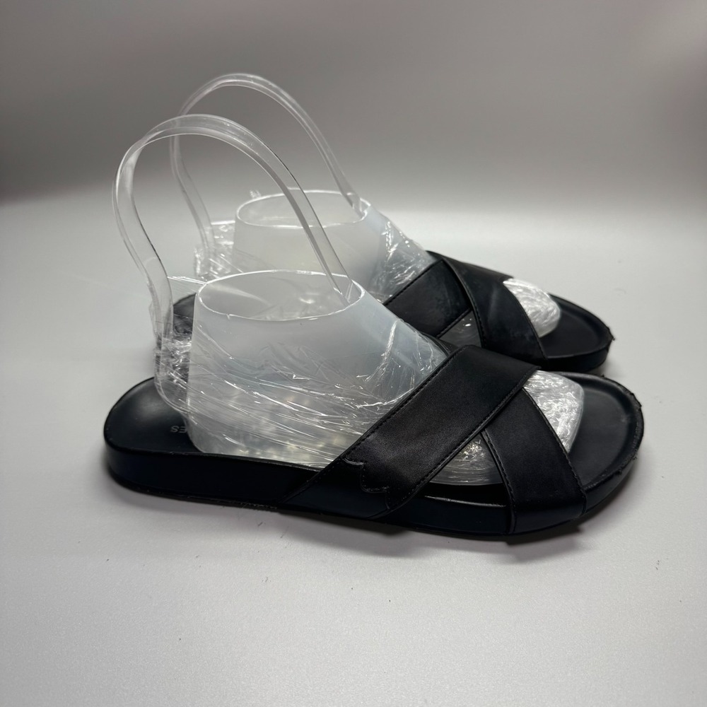 Women's Birdies "The‎ Robin" SZ 6.5 Black Cross Strap Vegan Leather Slide Sandal